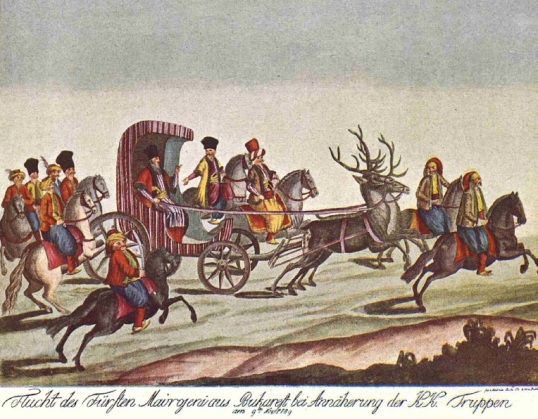Domnitorul fanariot Nicolae Mavrogheni în trăsura sa trasa de cerbi (1789)
