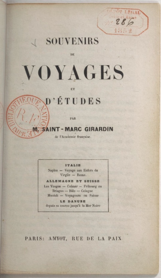 Saint Marc Girardin, Souvenirs de voyages et d'etudes